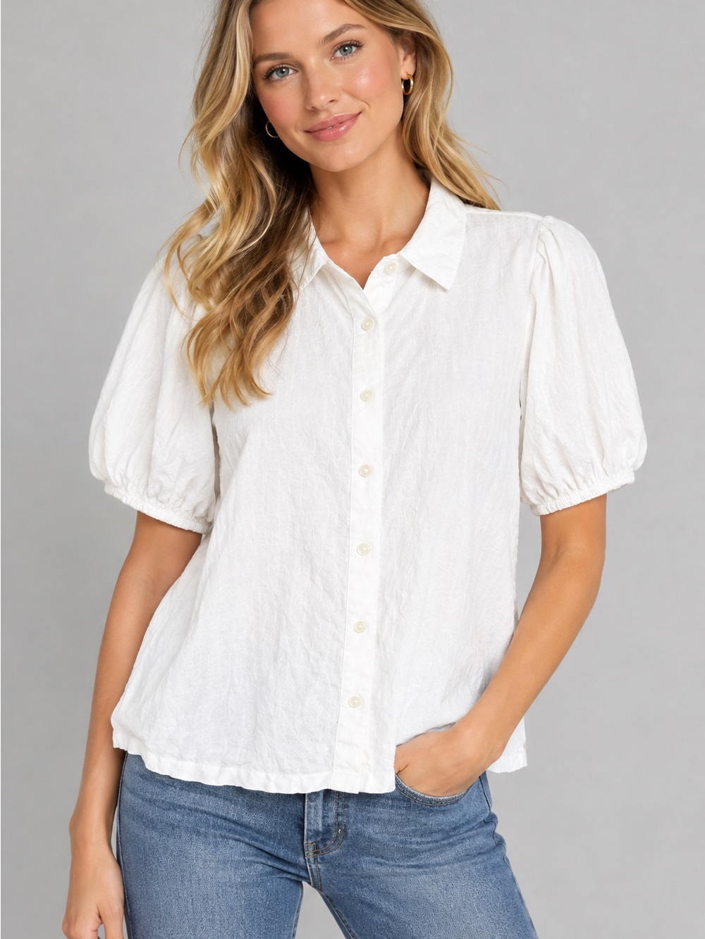 Lands' End White Puff-Sleeve Button-Down Blouse